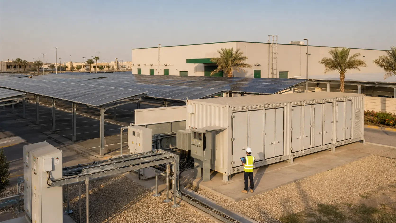 Concept illustration of commercial solar generation and containerised battery storage